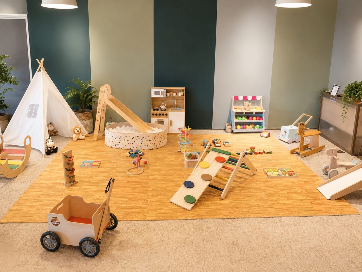 Brinquedos educativos de madeira no espaço infantil